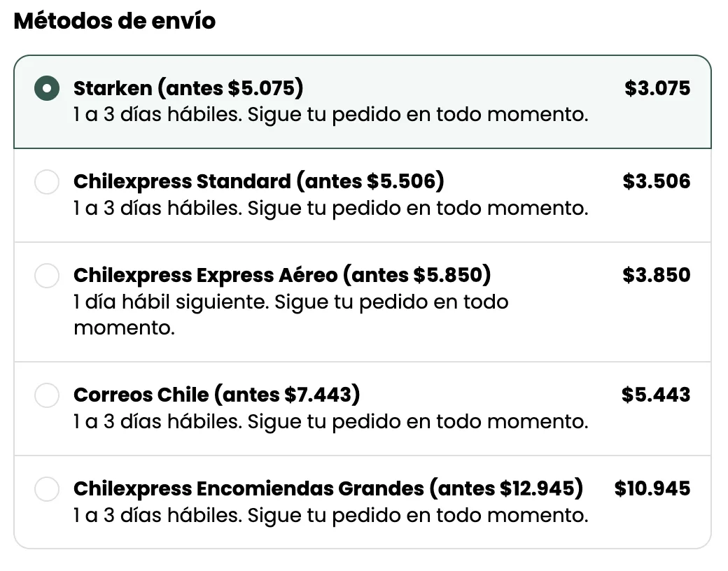 Métodos de envío en el checkout de Shopify mostrando couriers con su precio y plazo de entrega