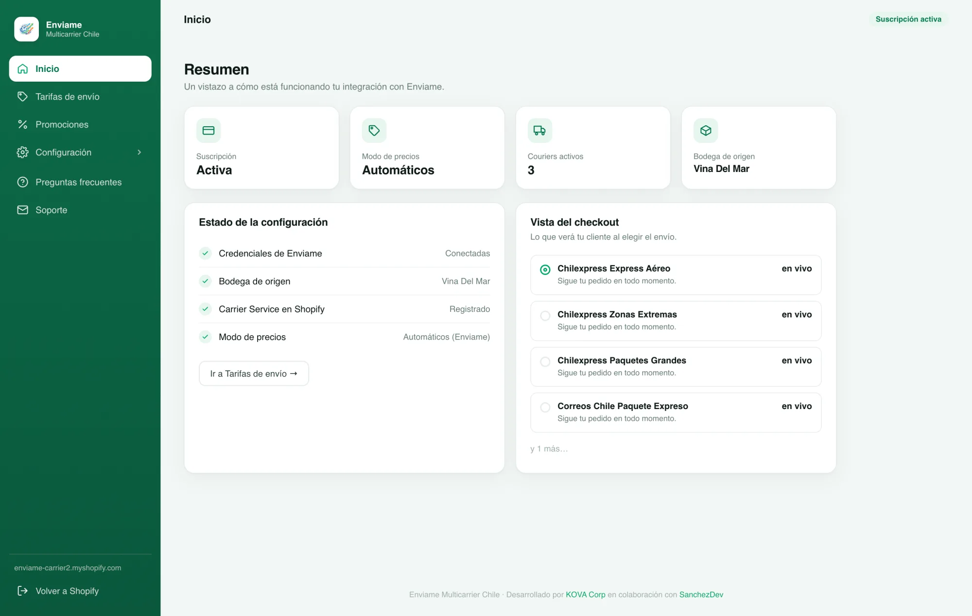 Panel de Enviame Multicarrier Chile: resumen de la integración con el estado de la configuración y la vista del checkout