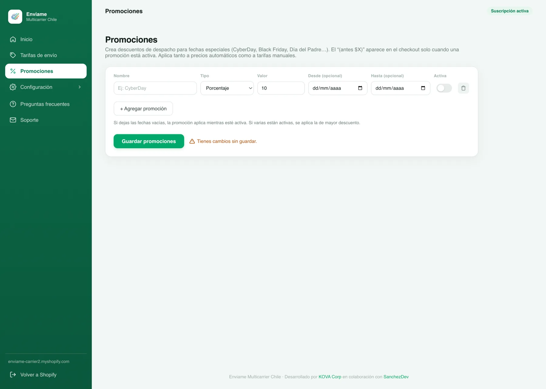 Módulo de promociones con descuento por porcentaje o monto, fechas de inicio y término, y switch de activación
