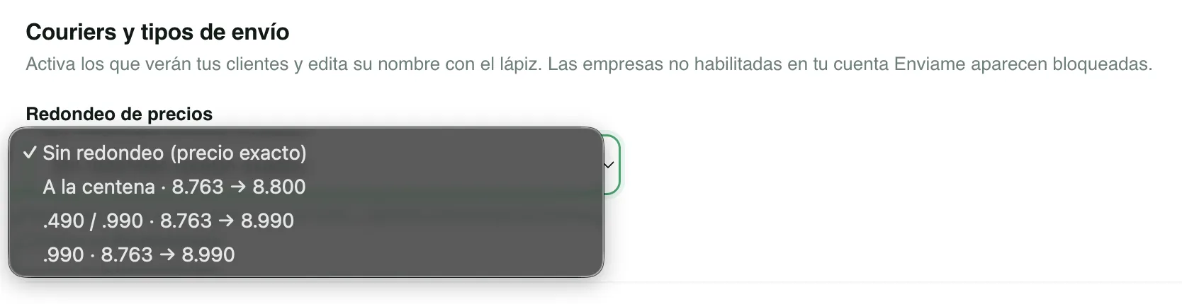 Selector de redondeo de precios mostrando las opciones .490 / .990 y a la centena