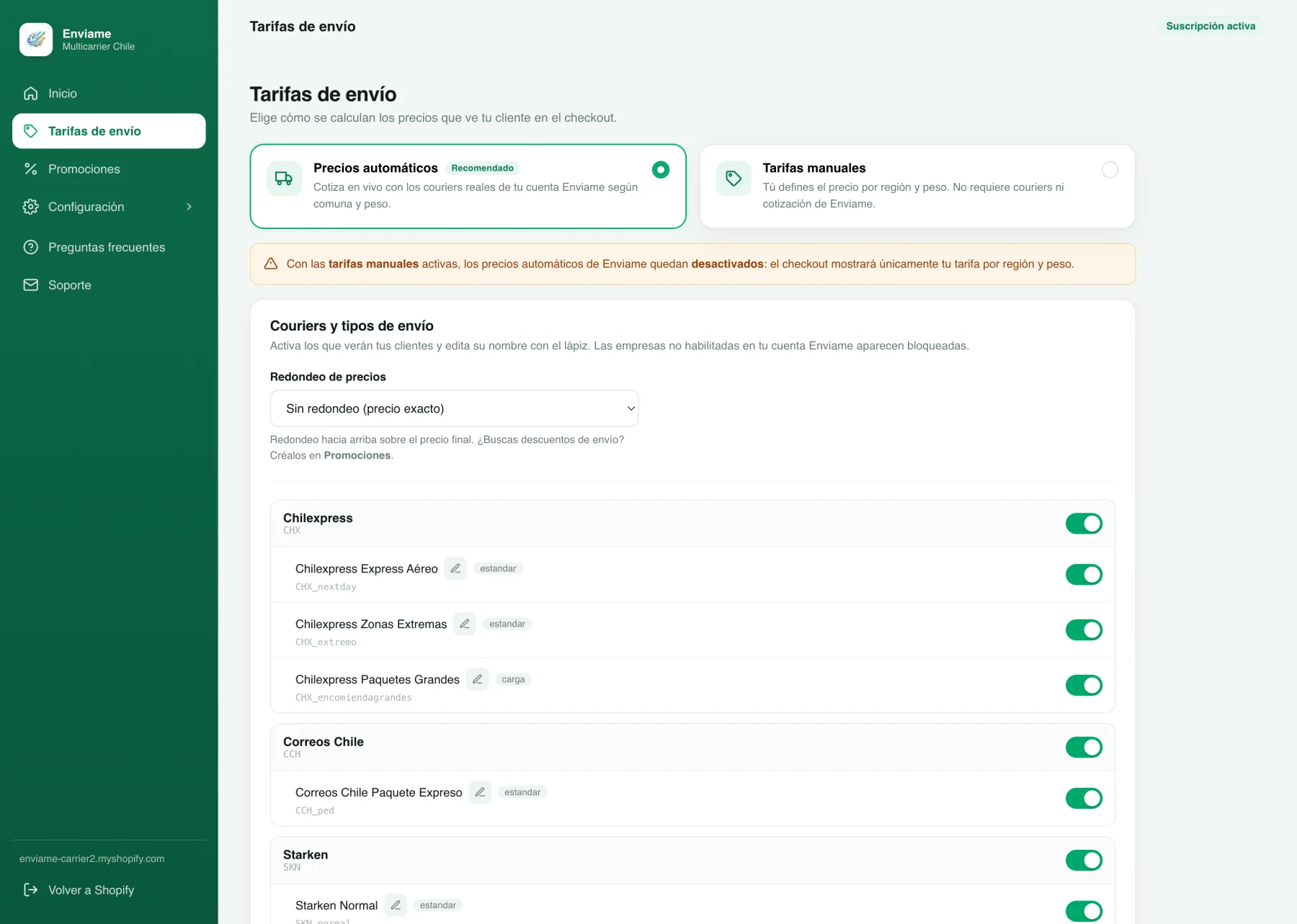 Pantalla de tarifas de envío con los couriers y tipos de envío que se pueden activar o desactivar